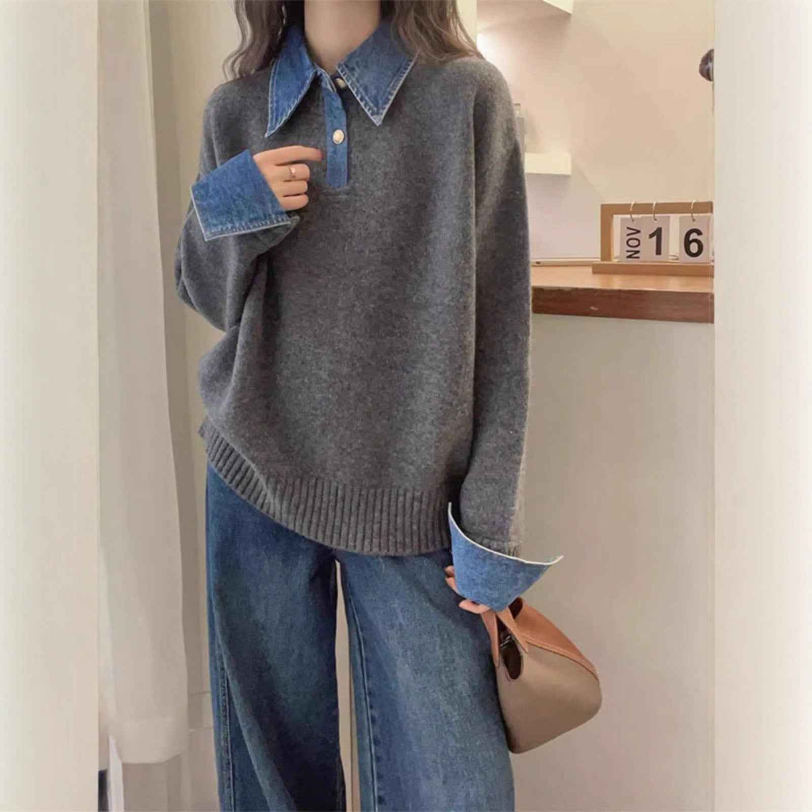 Women's Denim Sleeve Stitching Fake Two Pieces Sweaters Coat New Loose