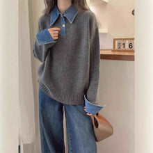 Women's Denim Sleeve Stitching Fake Two Pieces Sweaters Coat New Loose