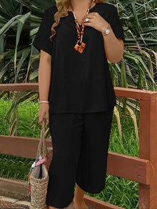 Solid-color V-neck Short-sleeve Top And Wide-leg Pants