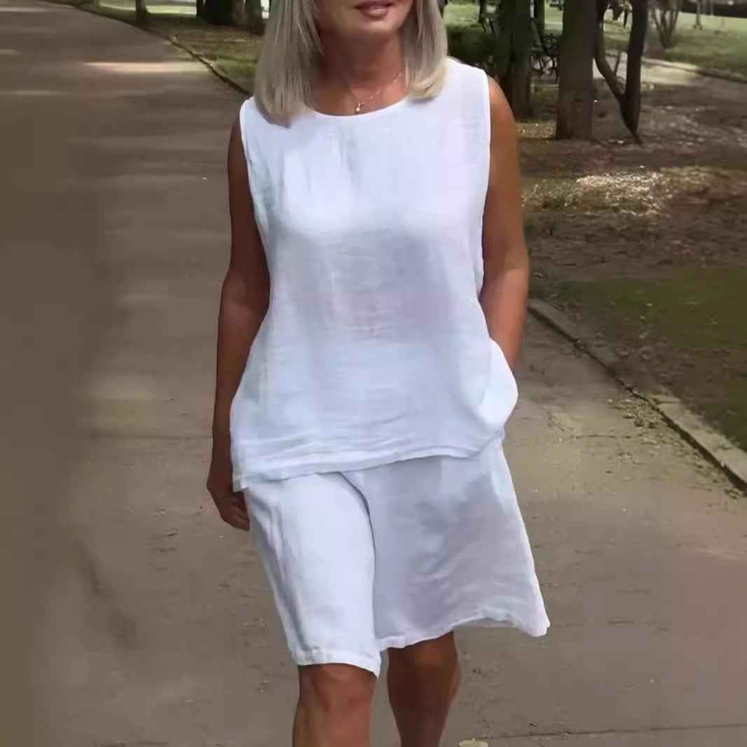 Women's Cotton-Linen Crew-Neck Sleeveless Casual Set
