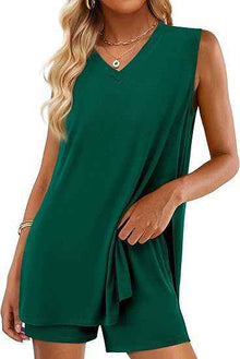 Casual Fashion V-neck Sleeveless Top And Shorts Set With Pockets