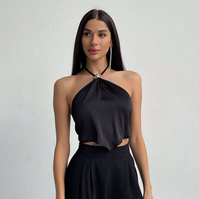 Backless Halter Neck Lace Up Tank Top Black Open Back Summer