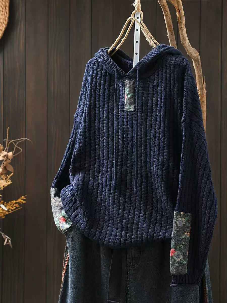 Womens Ethnic-Style Loose-Fit Oversized Sweater With Drawstring Hood