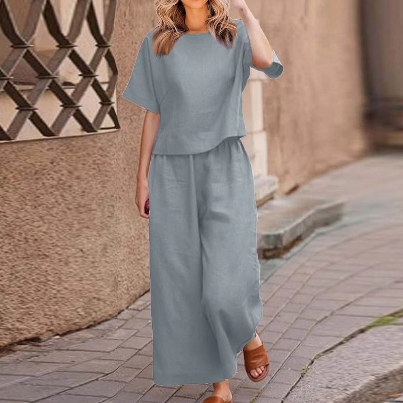 European And American Women's Linen Casual Loose Solid Color Suit Two-piece Women by Mirlaine Univers