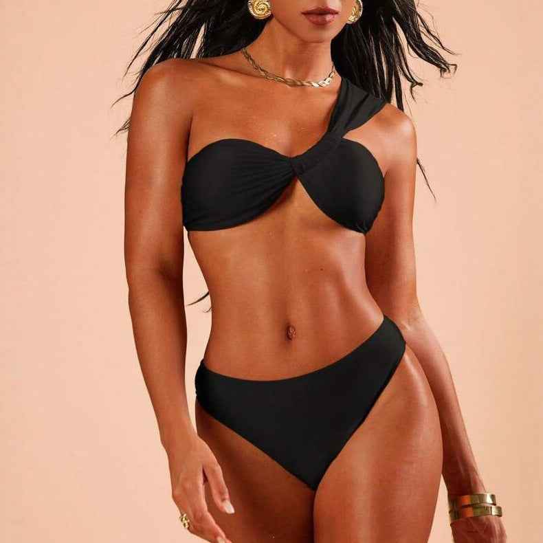 Women's Solid Color One-Shoulder Two-Piece Bikini Swimsuit Set