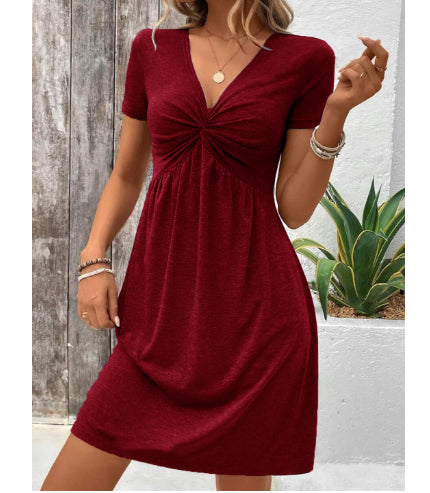 Color Cotton Short Sleeve V-neck Design Chest Twist Waist Dress by Mirlaine Univers