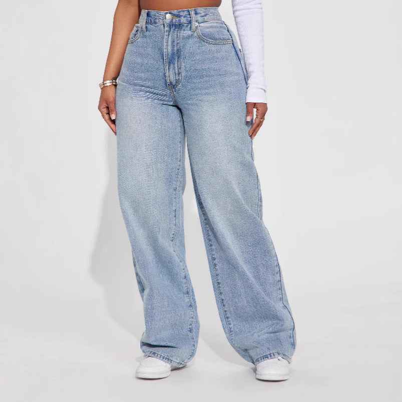 Euro-American Cross-Border Light Blue High-Waist Straight-Leg Jeans