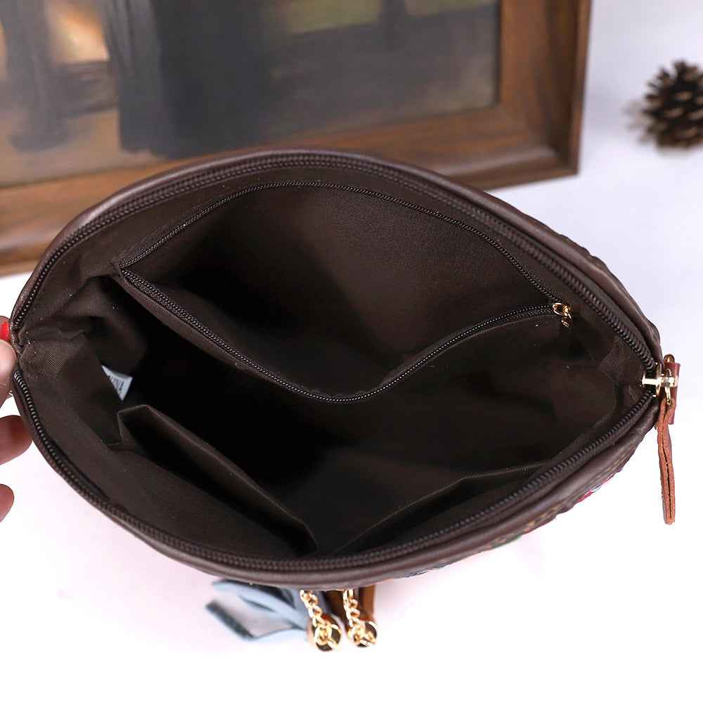 Womens First-Layer Colored Leather Shoulder Bag With Woven Design