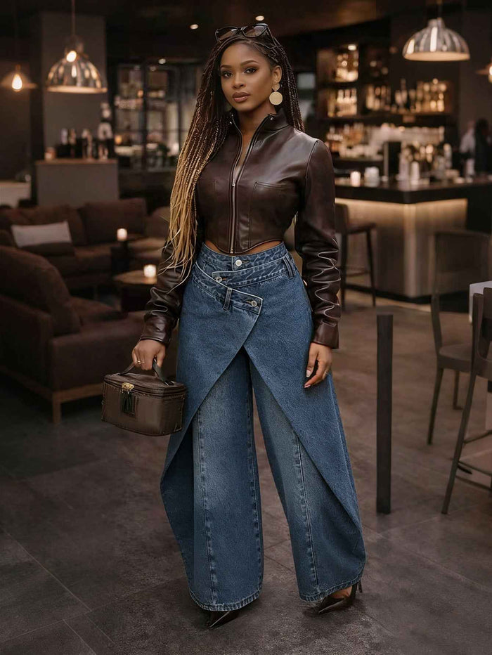 Retro High-waisted Cross-over Metal Buckle Irregular Wide-leg Pants