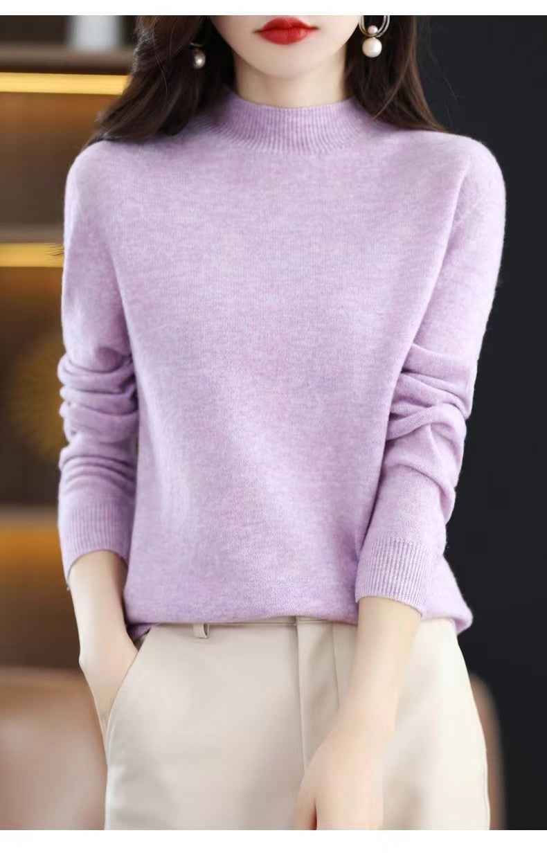Half High Collar Pure Wool Women's Long Sleeved Knitted Base Sweater