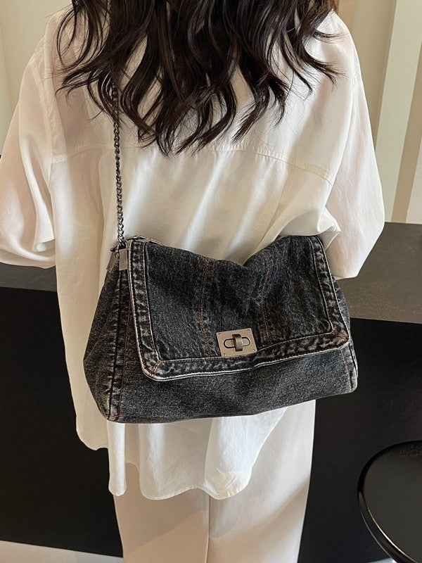 Versatile Denim Tote For Women  Chic Crossbody Bag With Chain Strap, Spacious Casual And Work Purse