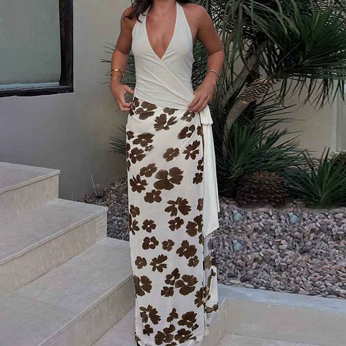 Fully Managed V-Neck Printed Patchwork Chic Long Dress