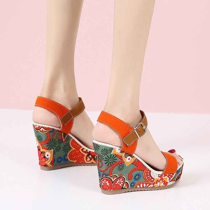 Fashion Flowers Embroidered High Wedge Sandals For Women Summer Toe Platform Buckle Shoes