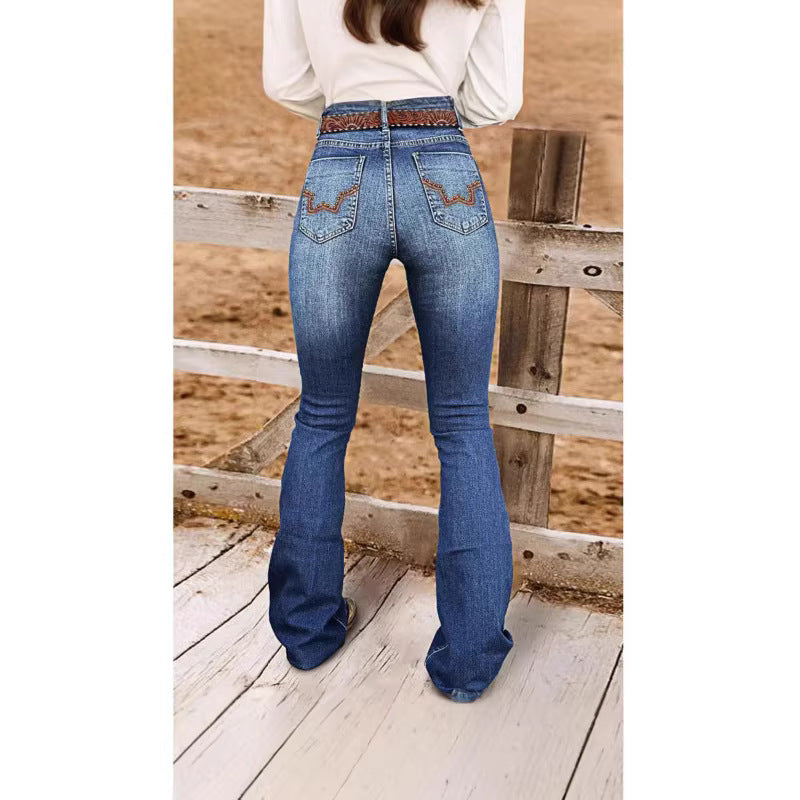 Womens Retro Beaded Embroidered Stretch Denim Jeans by Mirlaine Univers
