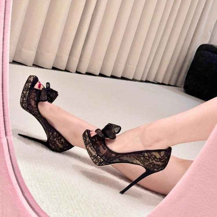 Mesh Lace Embroidered Bowknot Platform Sandals For Women