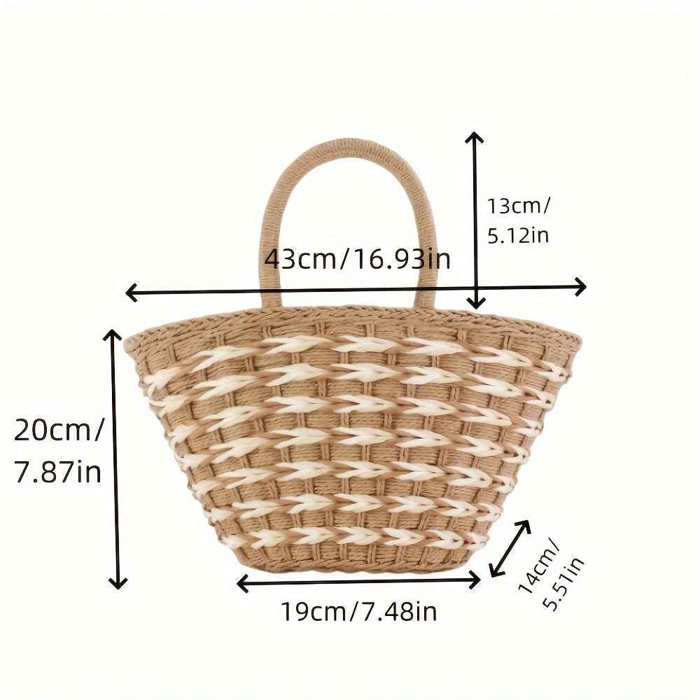 Color-Block Womens Handwoven High-Capacity Shoulder Beach Basket Bag For Vacation