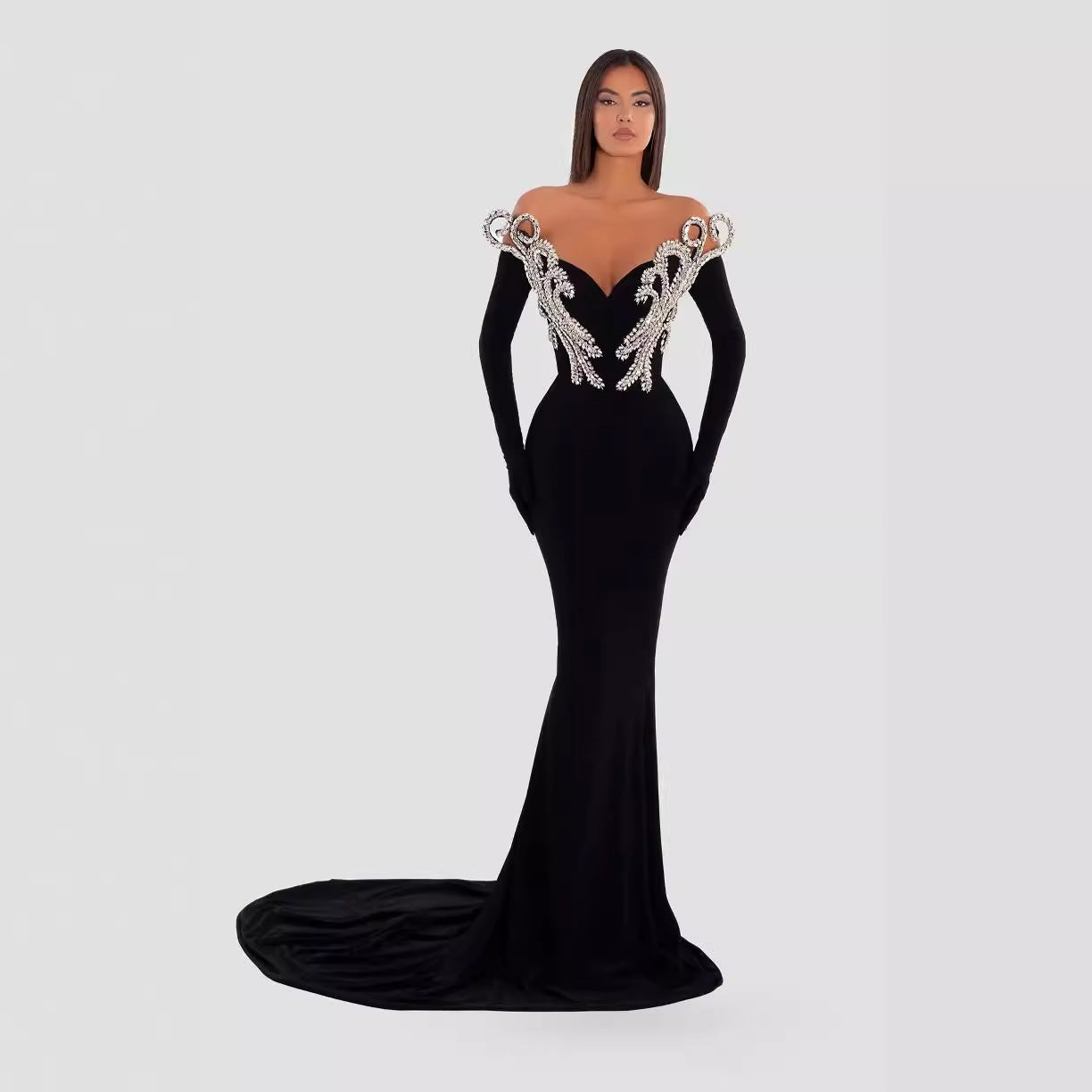 Black Bandeau Slim-fit Skinny Long And Ground Dress by Mirlaine Univers
