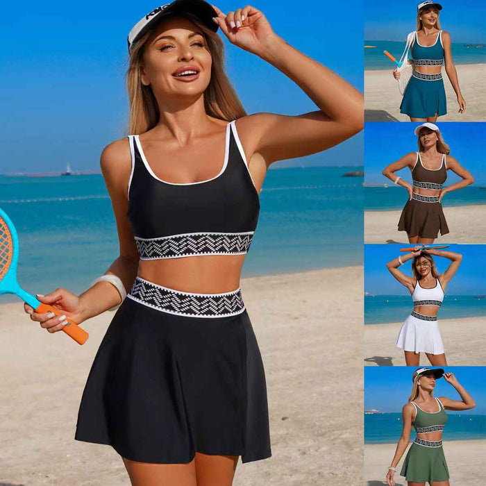 Women's Solid-Colored Webbing Sports Bikini Two-Piece Swimsuit