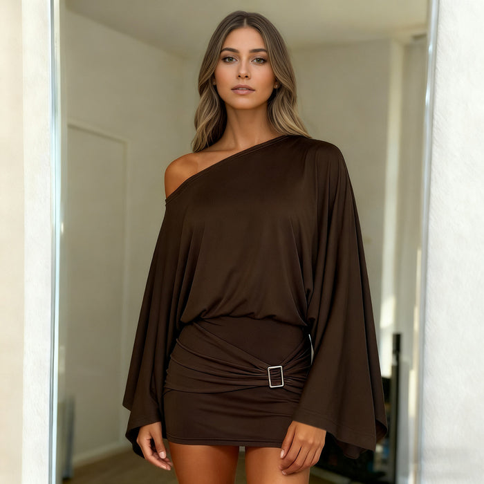 Classical European And American Style Slant Shoulder Loose Bell Sleeve Dress