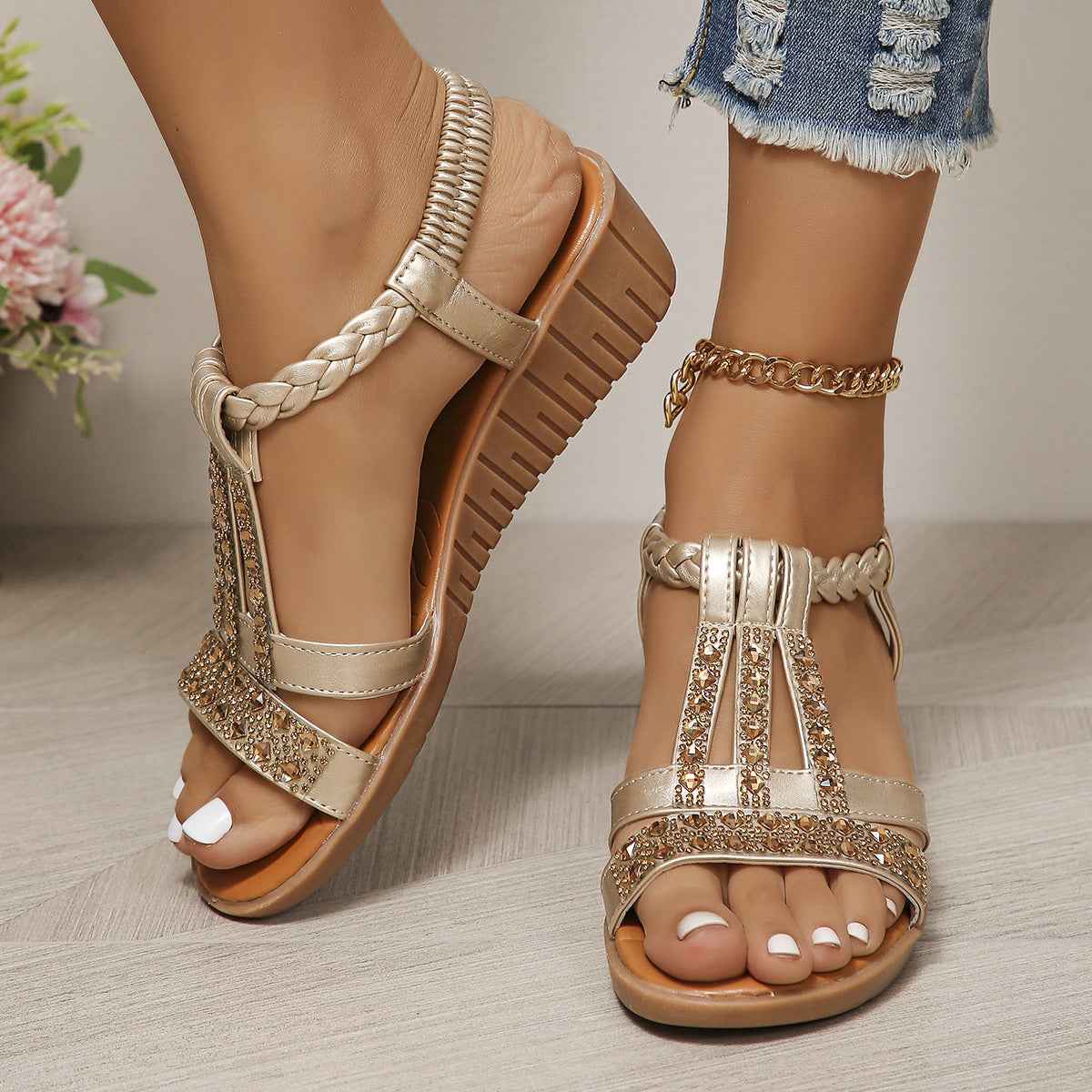 Plus Size Bohemian Elastic Strap Rhinestone Sandals For Women