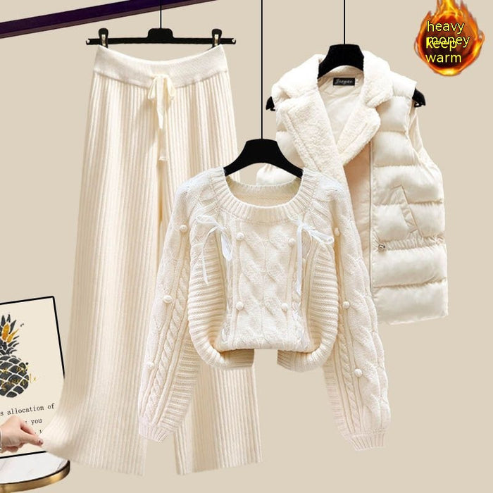 Ensemble trois pièces pour femme : gilet, pull épais et pantalon large