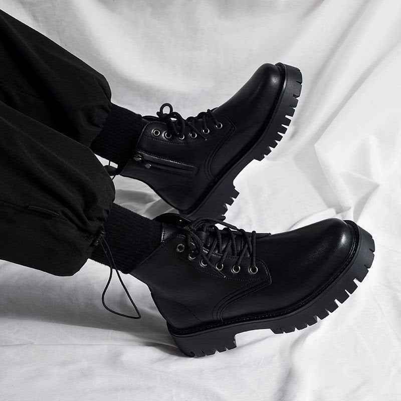 Men's High-top Side Zipper Leather Shoes Black Mid-Top Increased By Worker Boot