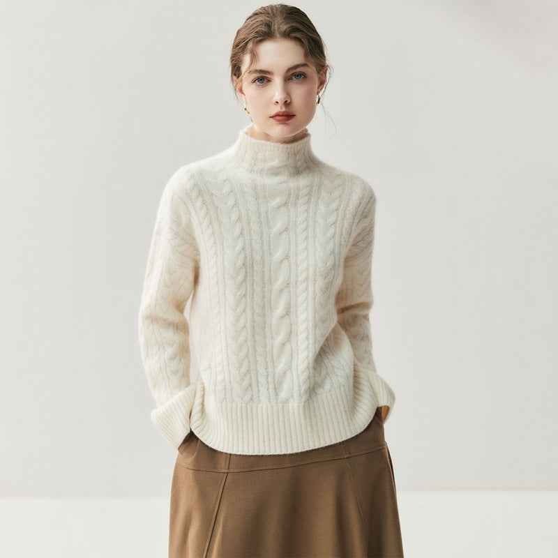 Womens Half-Turtleneck Seamed Cable-Knit Cashmere Sweater Elegant Artistic And Versatile For Any Look