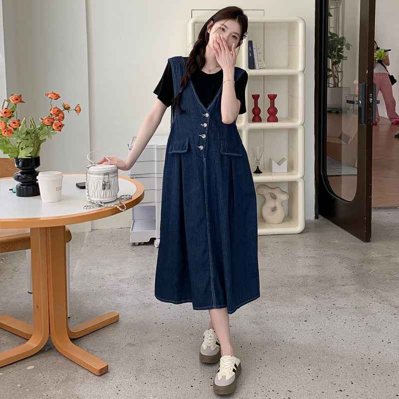 Plus-size Thin Denim Vest Skirt Base T-shirt Two-piece Set