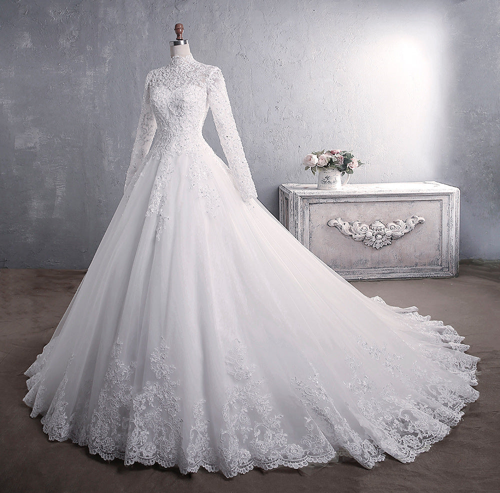 Lace Wedding Dress Bridal Stand-up Collar Long-sleeved Large Tail Large Size by Mirlaine Univers