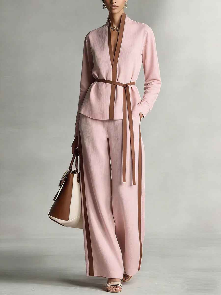 Women's Casual Patchwork Cardigan Shirt And Wide-Leg Pants Set