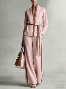 Women's Casual Patchwork Cardigan Shirt And Wide-Leg Pants Set