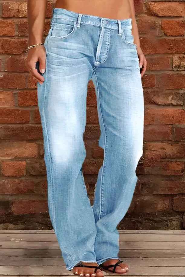 Floral-bud High-waist Raw-edge Jeans For Women