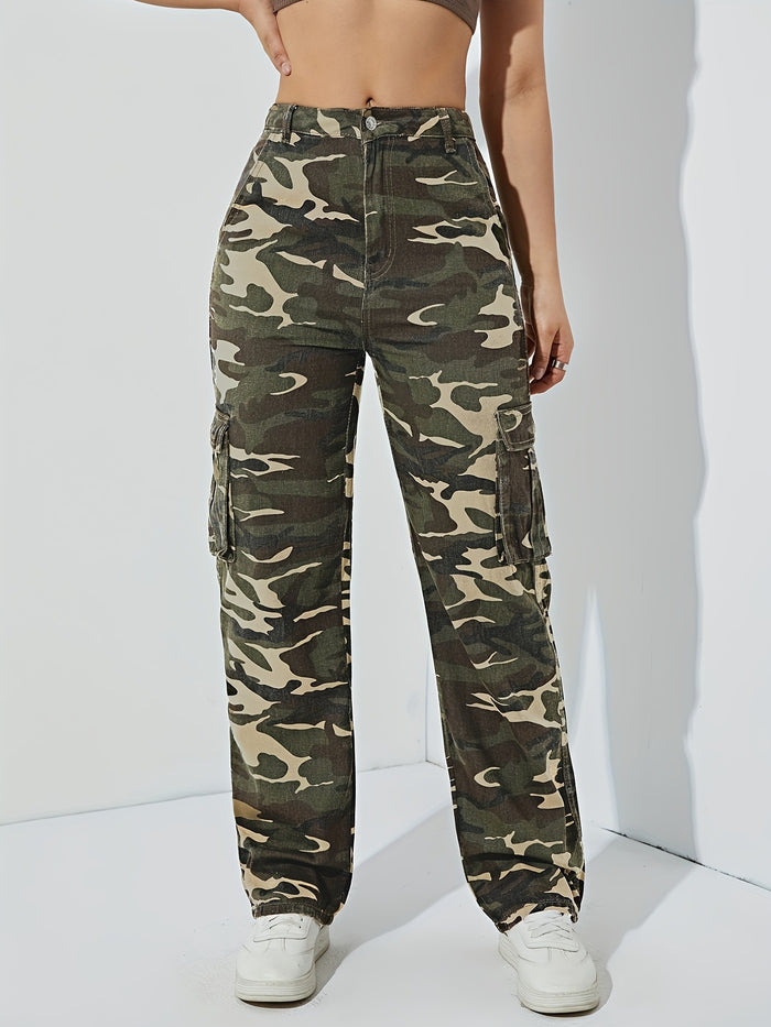 Jean droit taille haute cargo camouflage