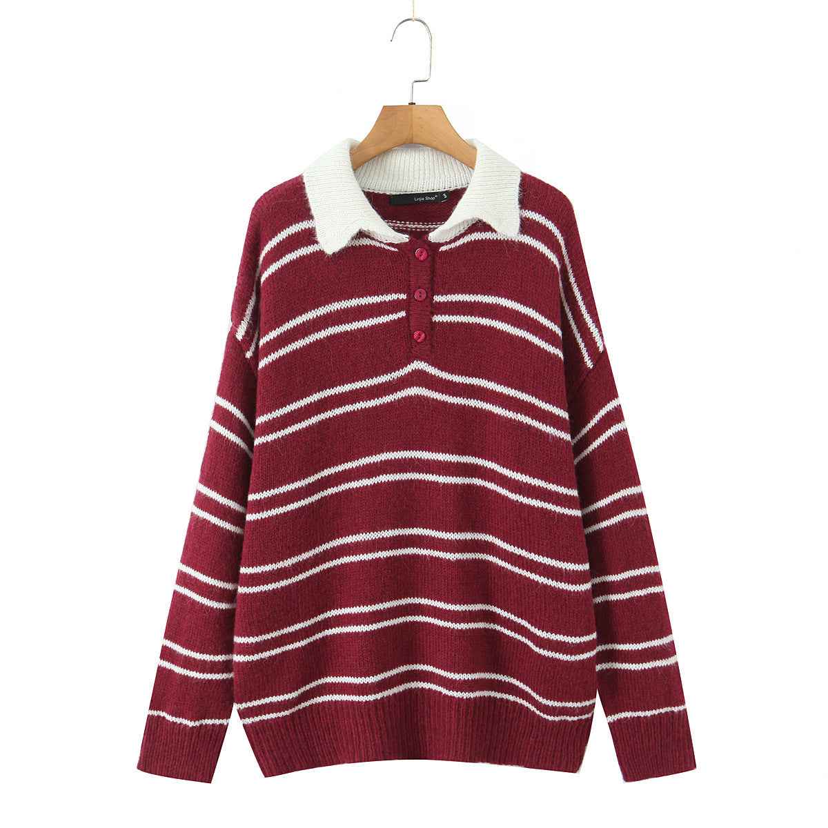 American Retro Preppy-Style Color-Block Striped Lapel Knit Sweater