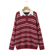 American Retro Preppy-Style Color-Block Striped Lapel Knit Sweater