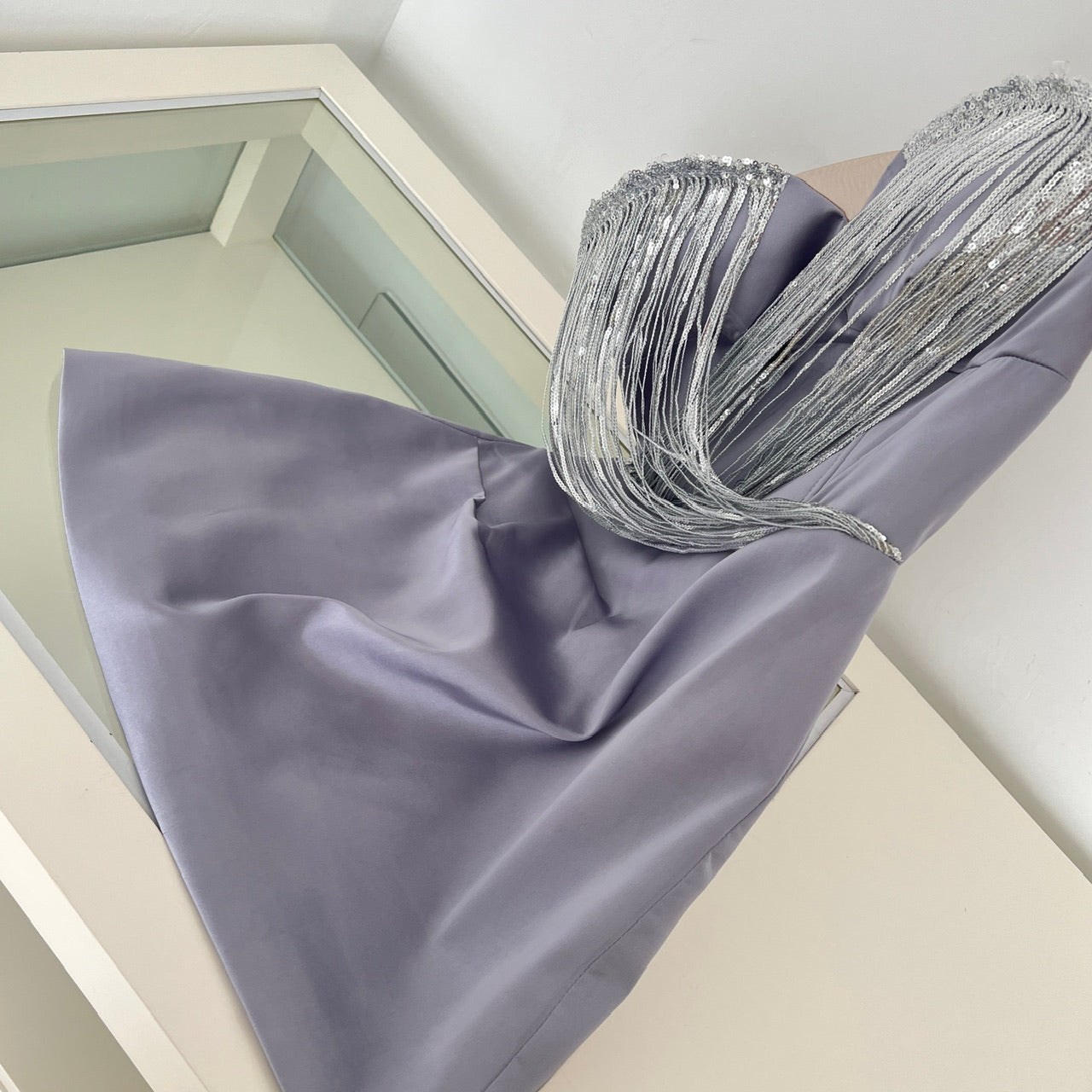Lustrous Silver Shimmer Sexy Strapless Women's Paneled Lavender Satin Ball Bridesmaid Ceremony Bodycon Dress by Mirlaine Univers