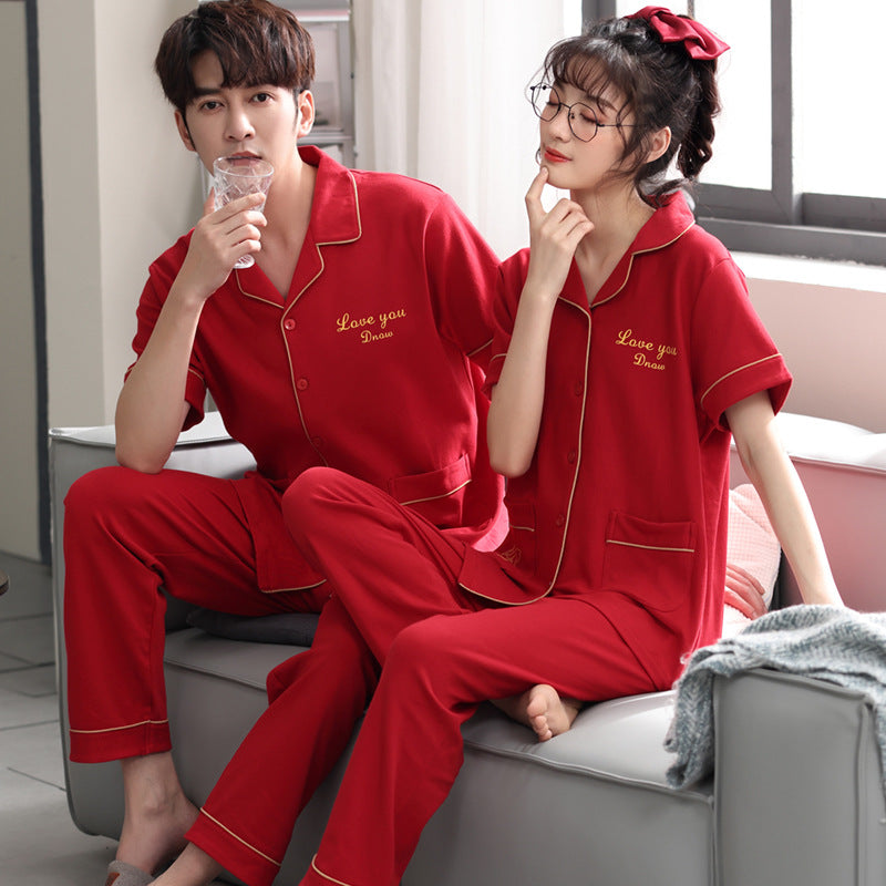 Couple Pajamas Cotton Red Animal Year Trousers Short Sleeve Home Clothes Set by Mirlaine Univers