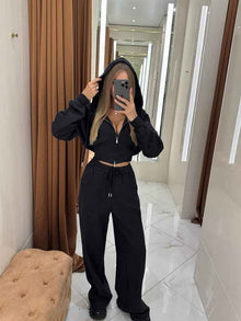 Women's Solid Color Zip-Up Hooded Sweater Set
