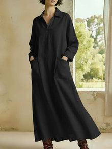 Loose-fitting Casual Polo-neck Pocketed Long-sleeve Dress