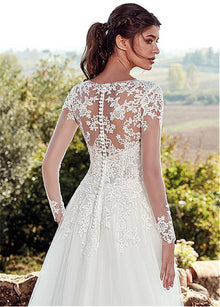 High U-neck Lace Long Sleeve A- Line Long Tail Simple Wedding Dress by Mirlaine Univers
