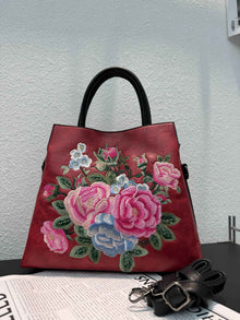 Tote Bag With Embroidered Peony Flowers Ethnic-style Textured Design