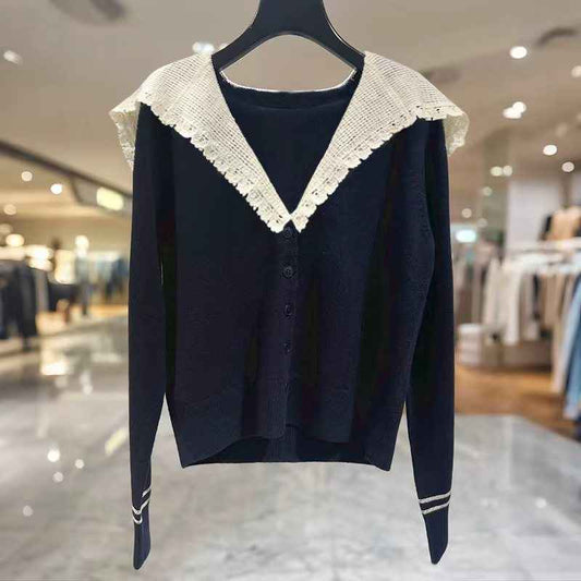 V-neck Crochet Shawl-Style Patchwork Knitted Cardigan