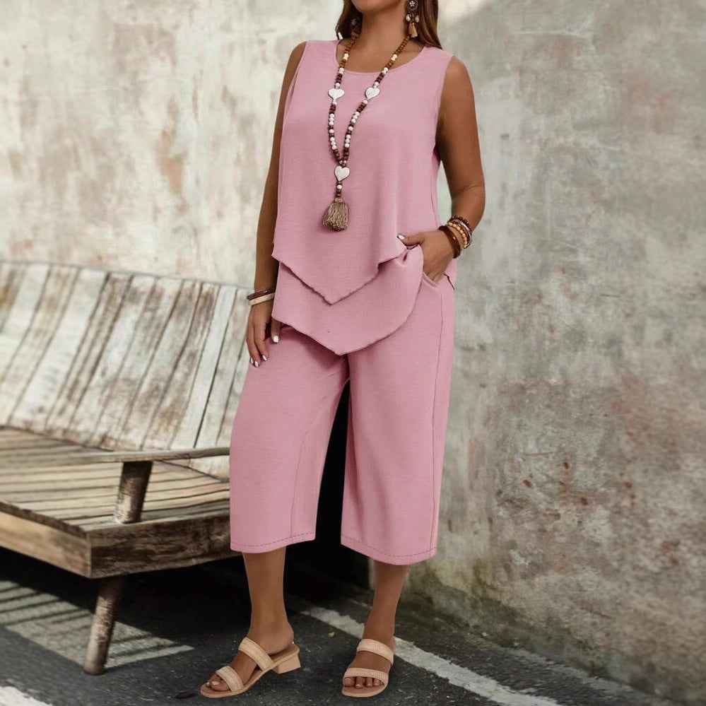 Casual Solid-Colored Sleeveless Top And Cropped Pants Two-Piece Set