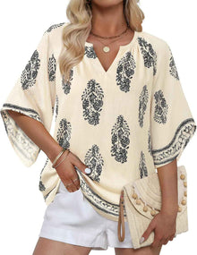 V-neck Printed Bohemian Country-Style Casual Loose Summer Top