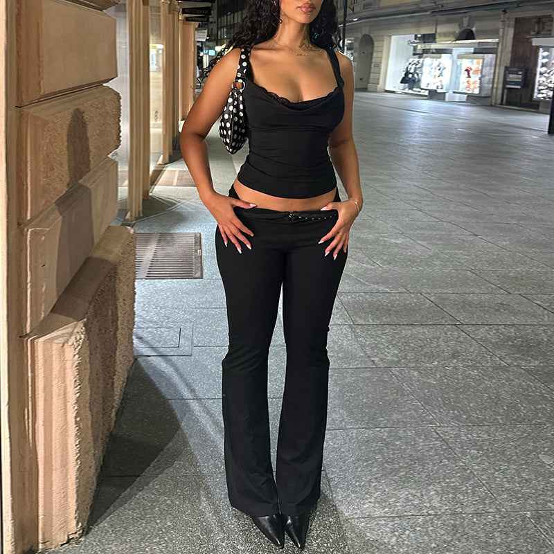 Lace Top And Flared Pants Set For Women