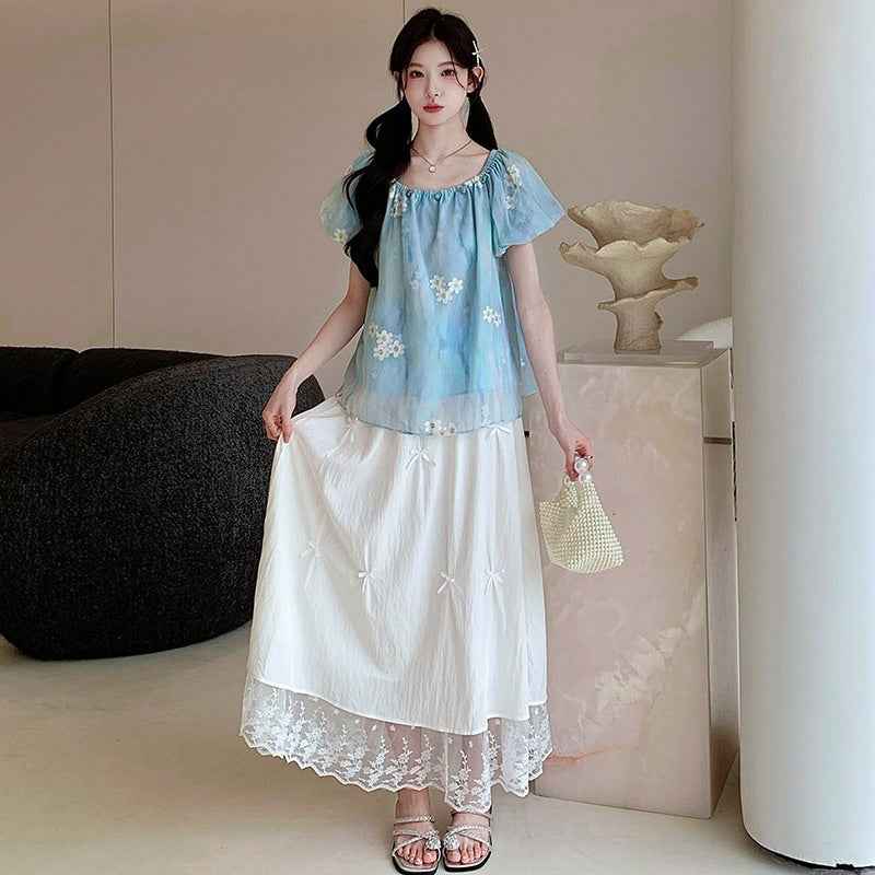 Sweet Blue Embroidered Anti-Peep Top And White Skirt Set