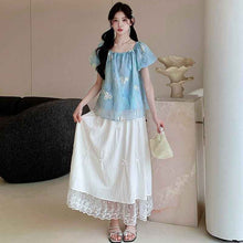 Sweet Blue Embroidered Anti-Peep Top And White Skirt Set