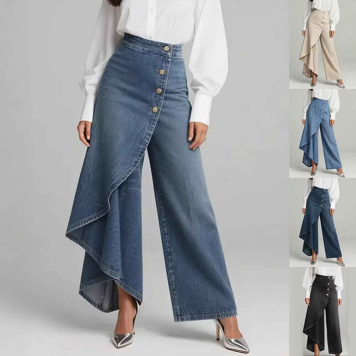 Pantalon coupe droite unique Boutons à grands volants pour femme, en faux jean