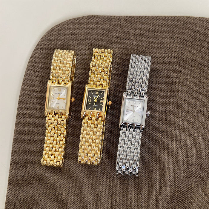 Golden Quartz Rectangular Watch With A Steel Band For Women