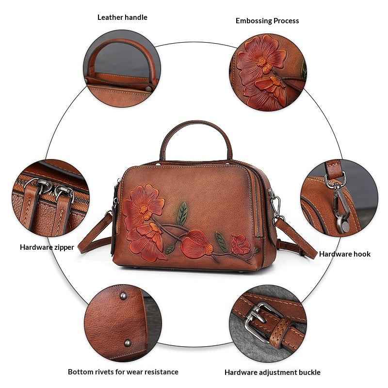 Vintage Cowhide Pillow Bag With Embossed Detailing And A Handheld Design